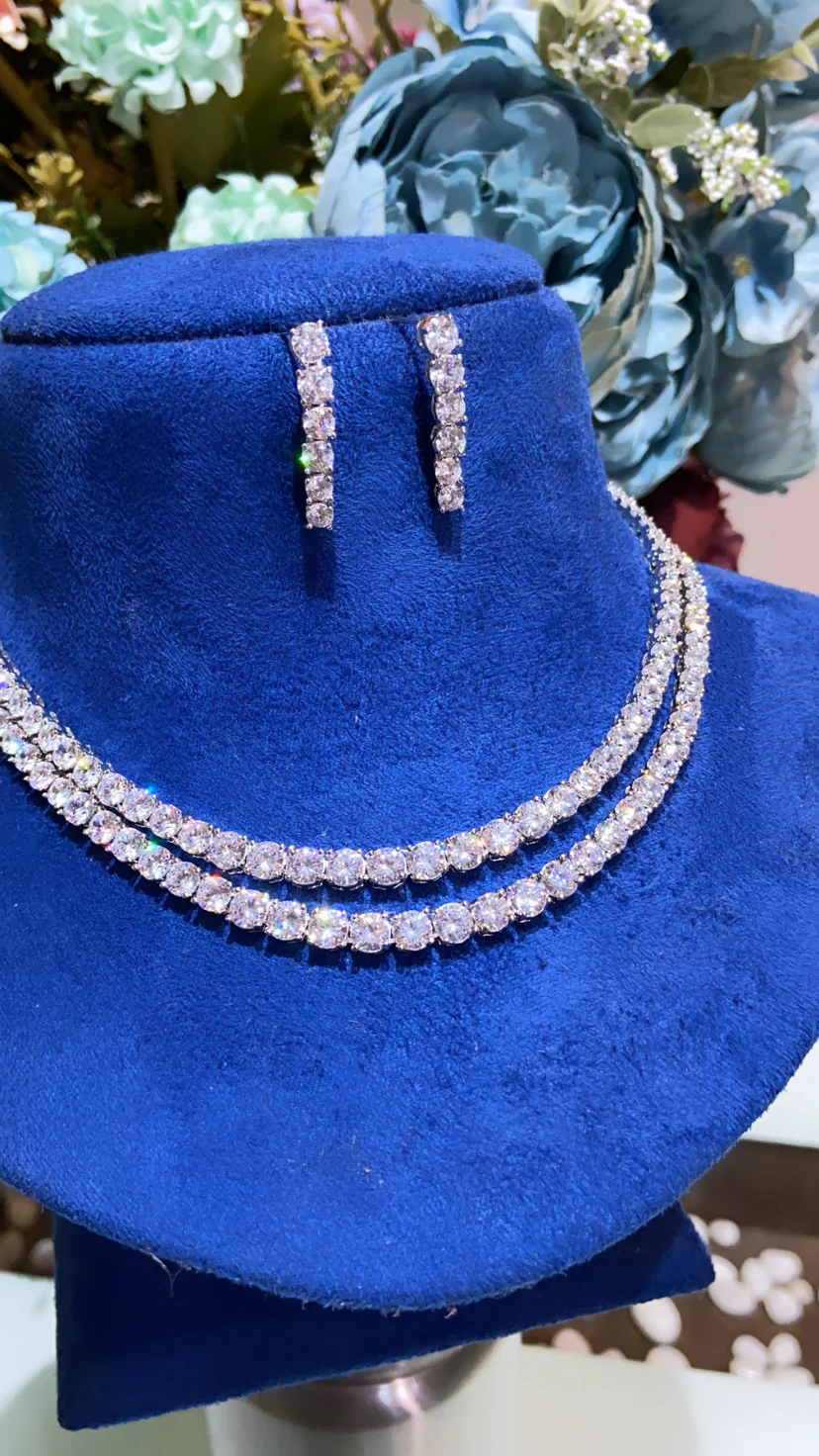 2 liner solitaire diamanté necklace set with earrings - Image 3