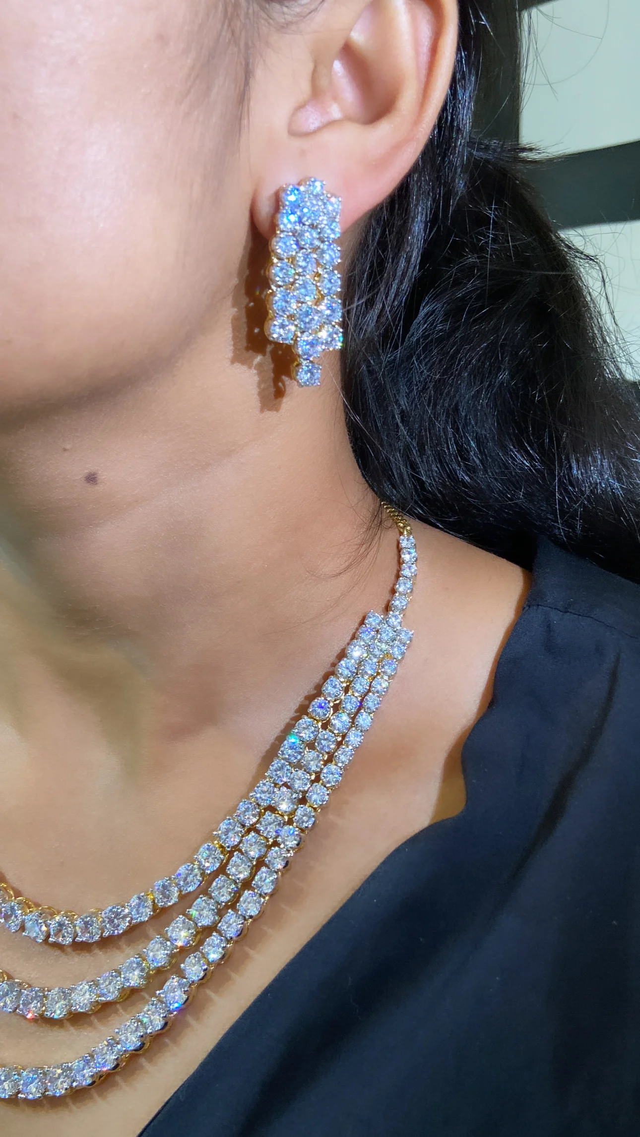 BLING STORY - 3 liner solitaire diamanté necklace set with earrings - Image 4