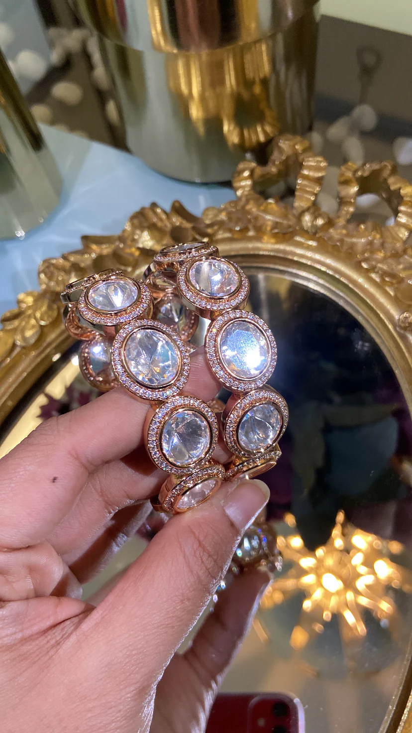 Festive Large Oval Moissanite Polki Kadas (PAIR) Openable - Image 3