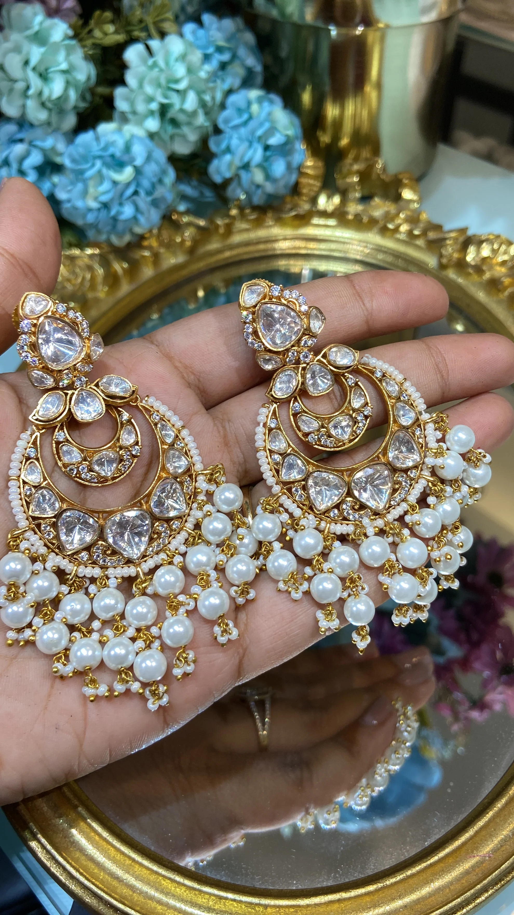 Moissanite Polki Pearl Chandbali - Image 3