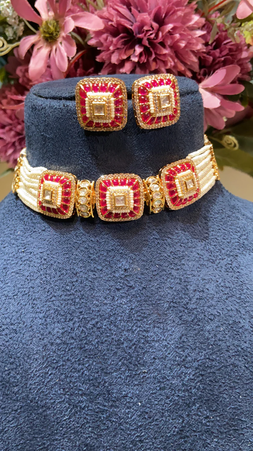 Festive Pearl Polki choker set - Image 3