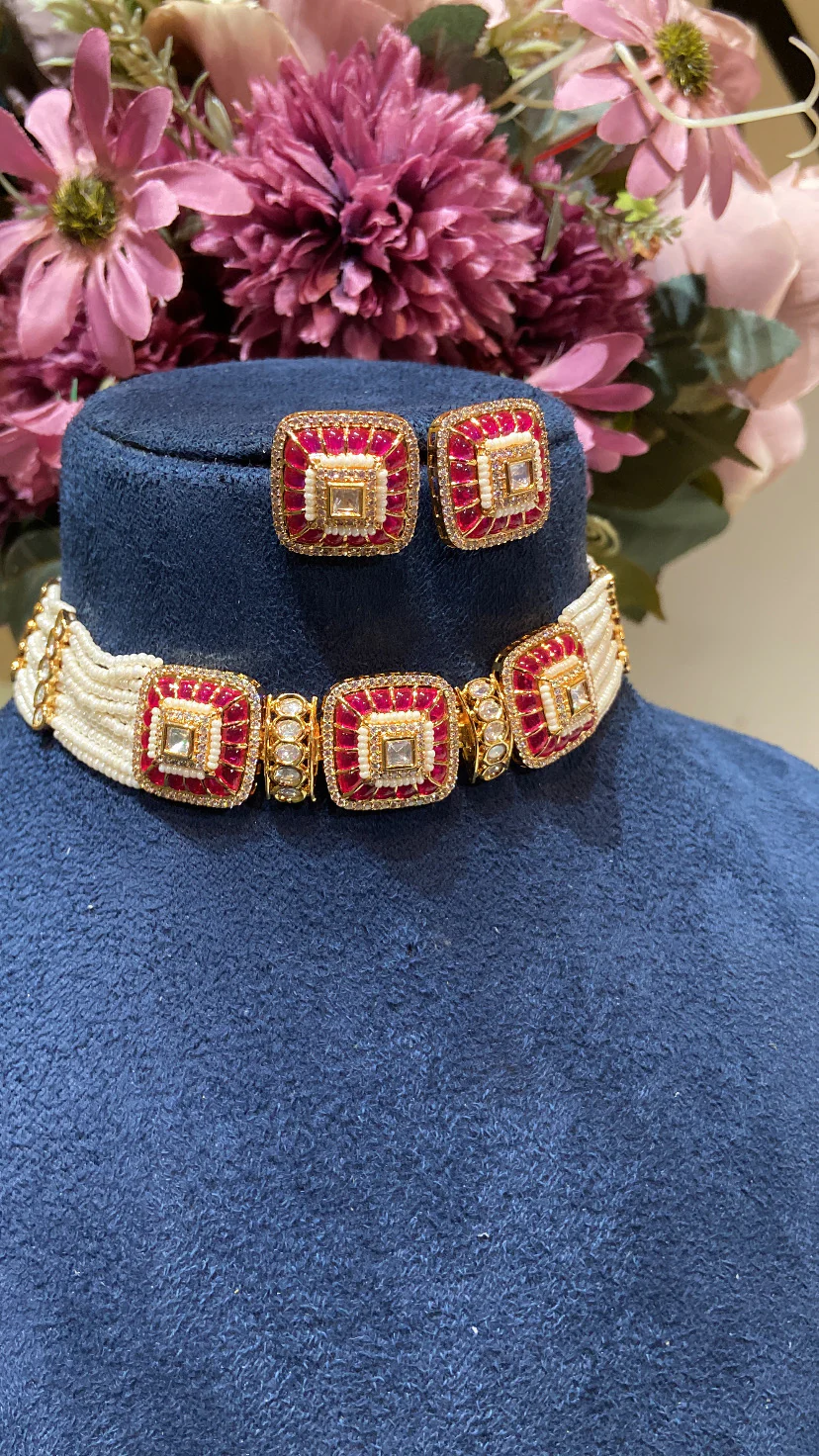Festive Pearl Polki choker set - Image 6