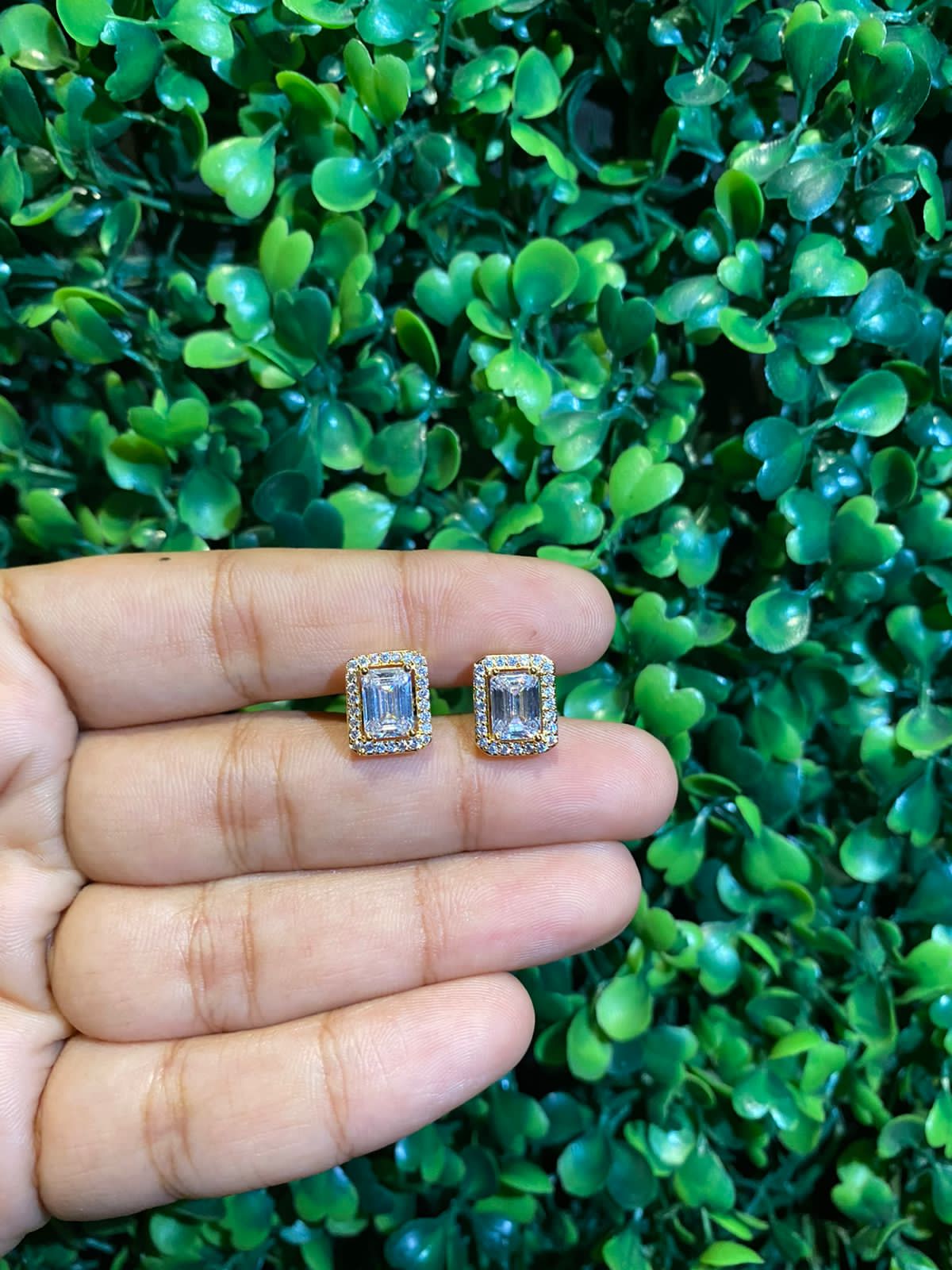 Small emerald cut halo screwback earrings - Image 4